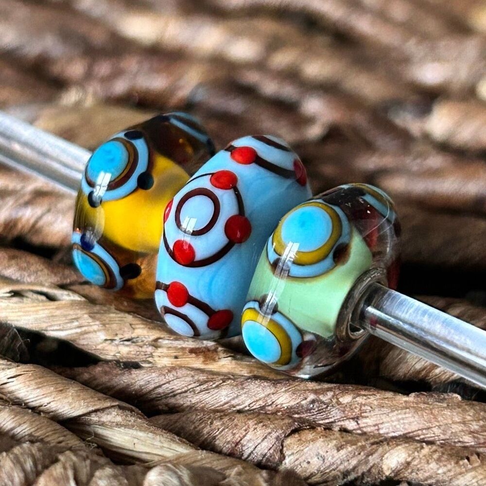 TROLLBEADS Sky Blue, Mustard & Brown on Green (BEAD #3) LAA 925S Excellent